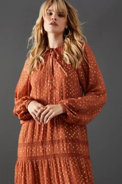 Metallic Jacquard Dobby Lace Insert Midi Smock Dress