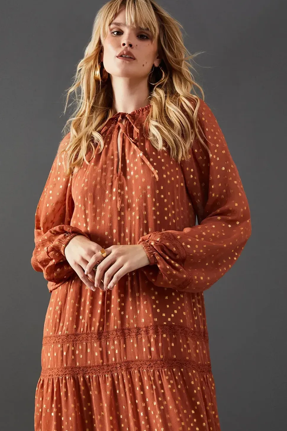 Metallic Jacquard Dobby Lace Insert Midi Smock Dress