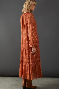 Metallic Jacquard Dobby Lace Insert Midi Smock Dress