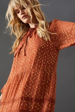 Metallic Jacquard Dobby Lace Insert Midi Smock Dress