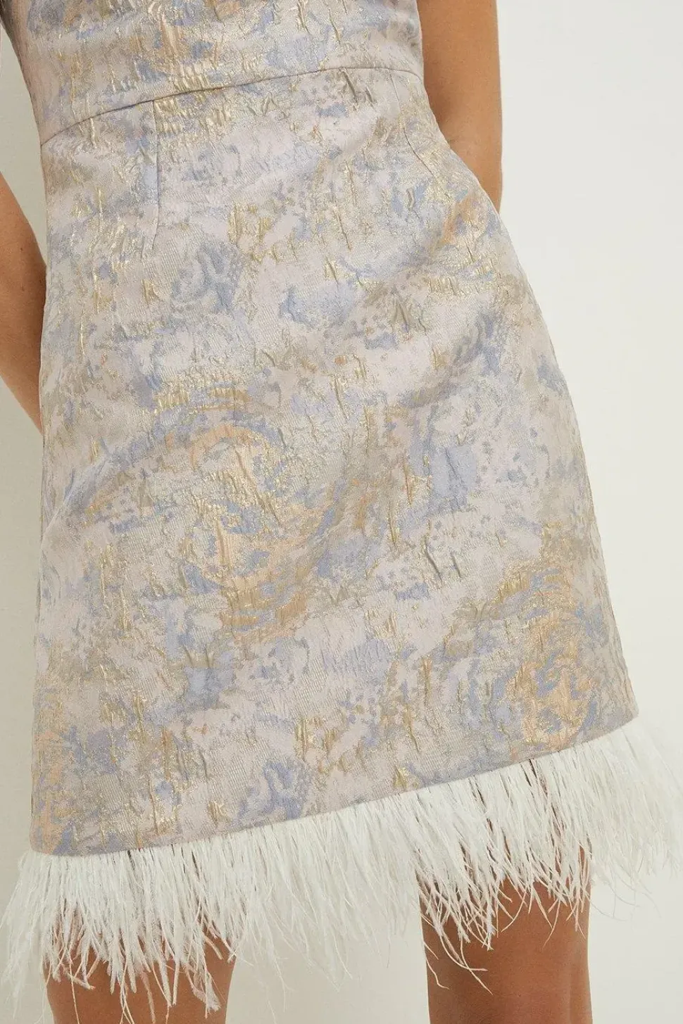 Metallic Jacquard Halter Faux Feather Mini Dress
