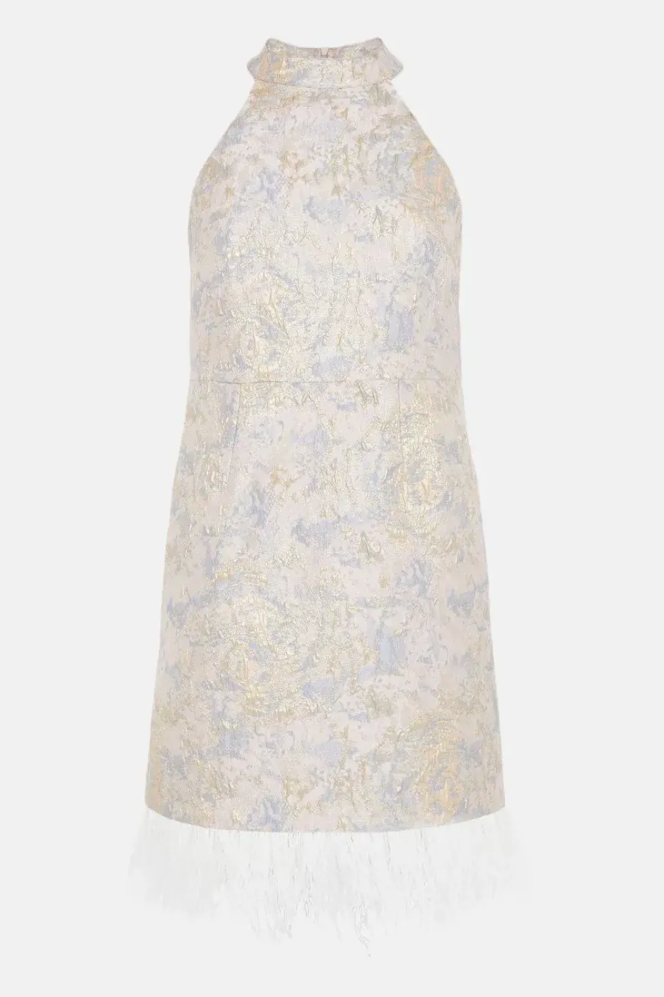 Metallic Jacquard Halter Faux Feather Mini Dress