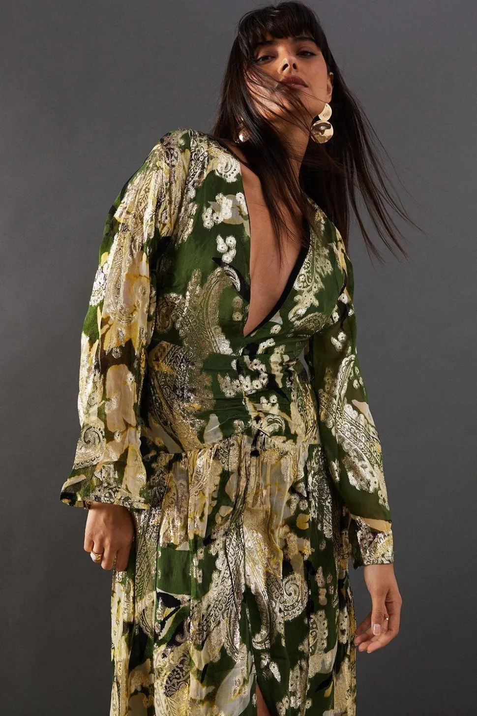 Metallic Jacquard Plunge Neck Midi Dress