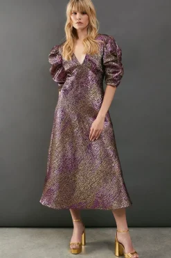 Metallic Jacquard Plunge Neck Puff Sleeve Midi Dress