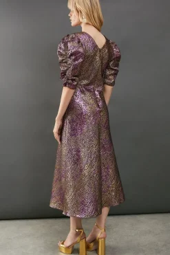 Metallic Jacquard Plunge Neck Puff Sleeve Midi Dress