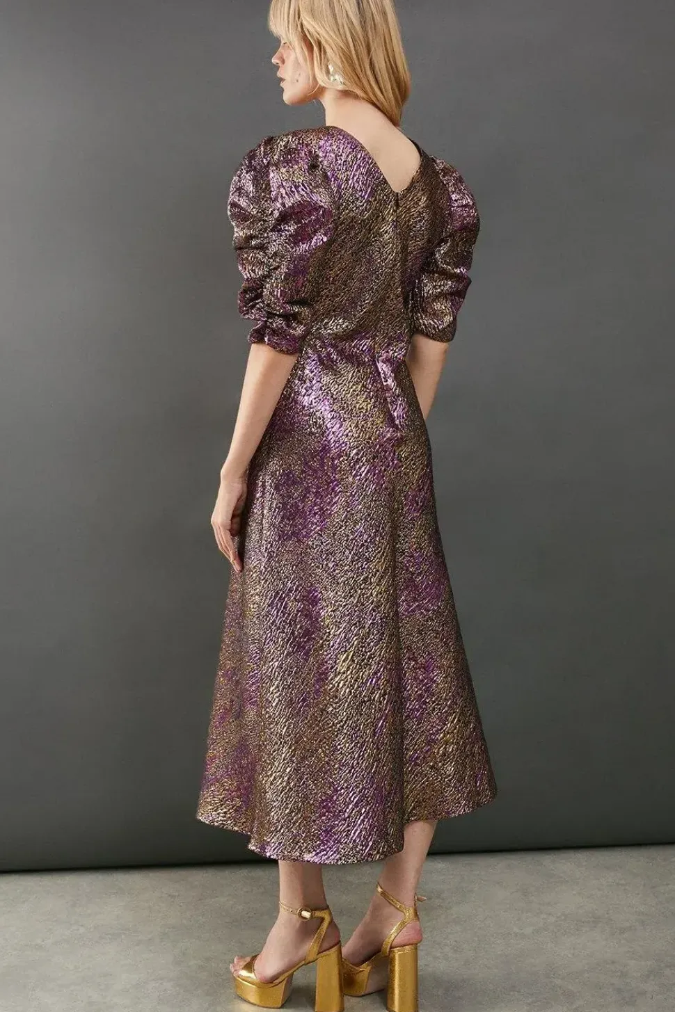 Metallic Jacquard Plunge Neck Puff Sleeve Midi Dress