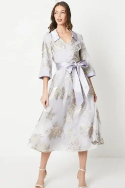 Metallic Jacquard Wrap Midi Dress