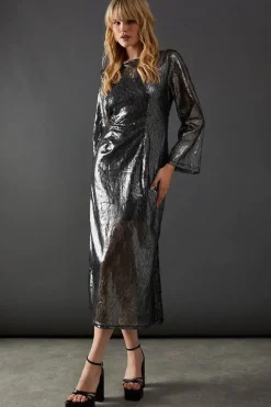 Metallic Lace Column Midi Dress