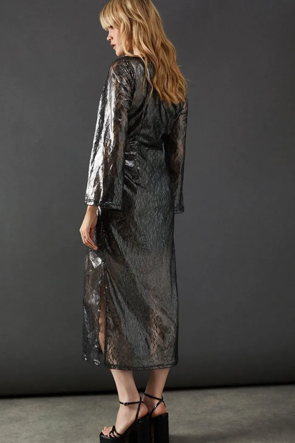 Metallic Lace Column Midi Dress