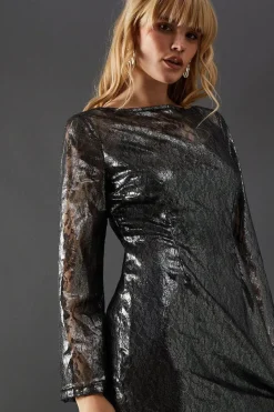 Metallic Lace Column Midi Dress