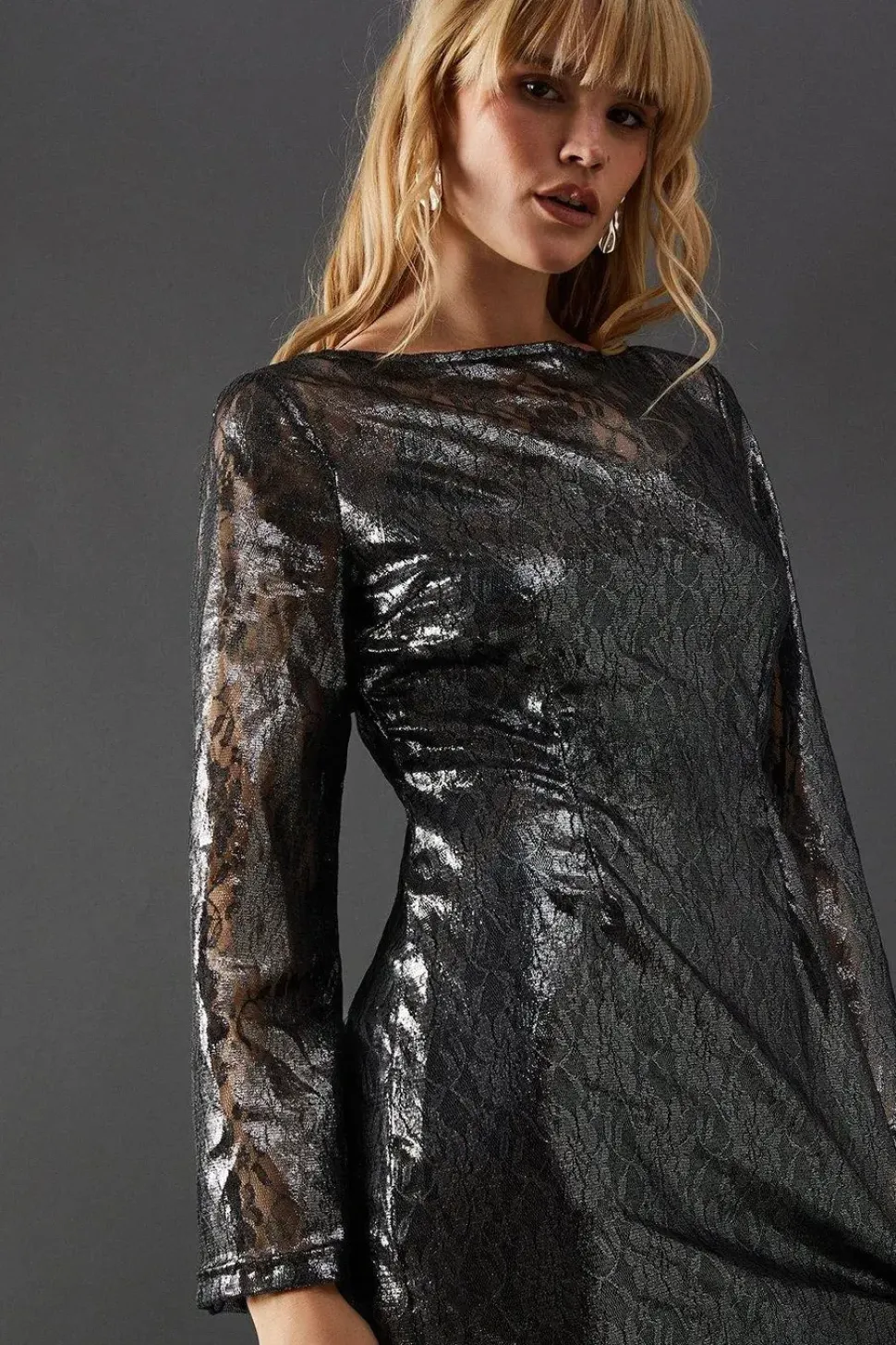 Metallic Lace Column Midi Dress