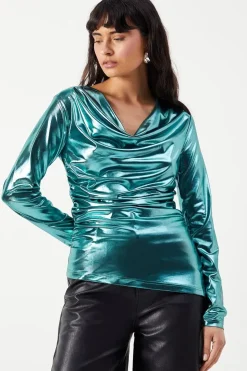 Metallic Lame Cowl Neck Ruched Top
