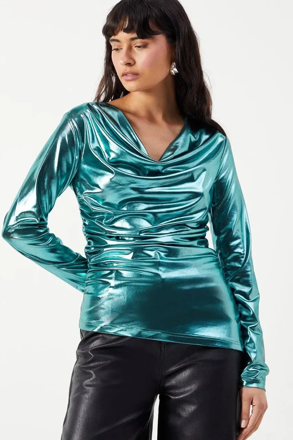 Metallic Lame Cowl Neck Ruched Top