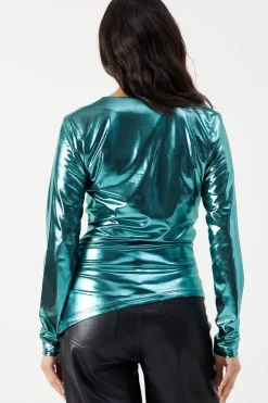 Metallic Lame Cowl Neck Ruched Top