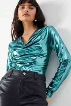 Metallic Lame Cowl Neck Ruched Top