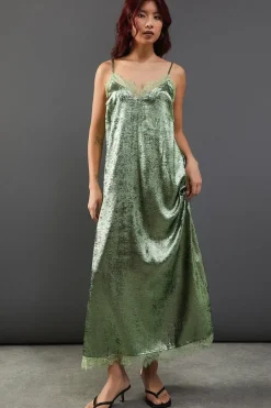 Metallic Lame Strappy Lace Insert Slip Midi Dress