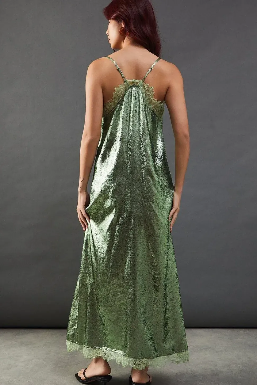 Metallic Lame Strappy Lace Insert Slip Midi Dress