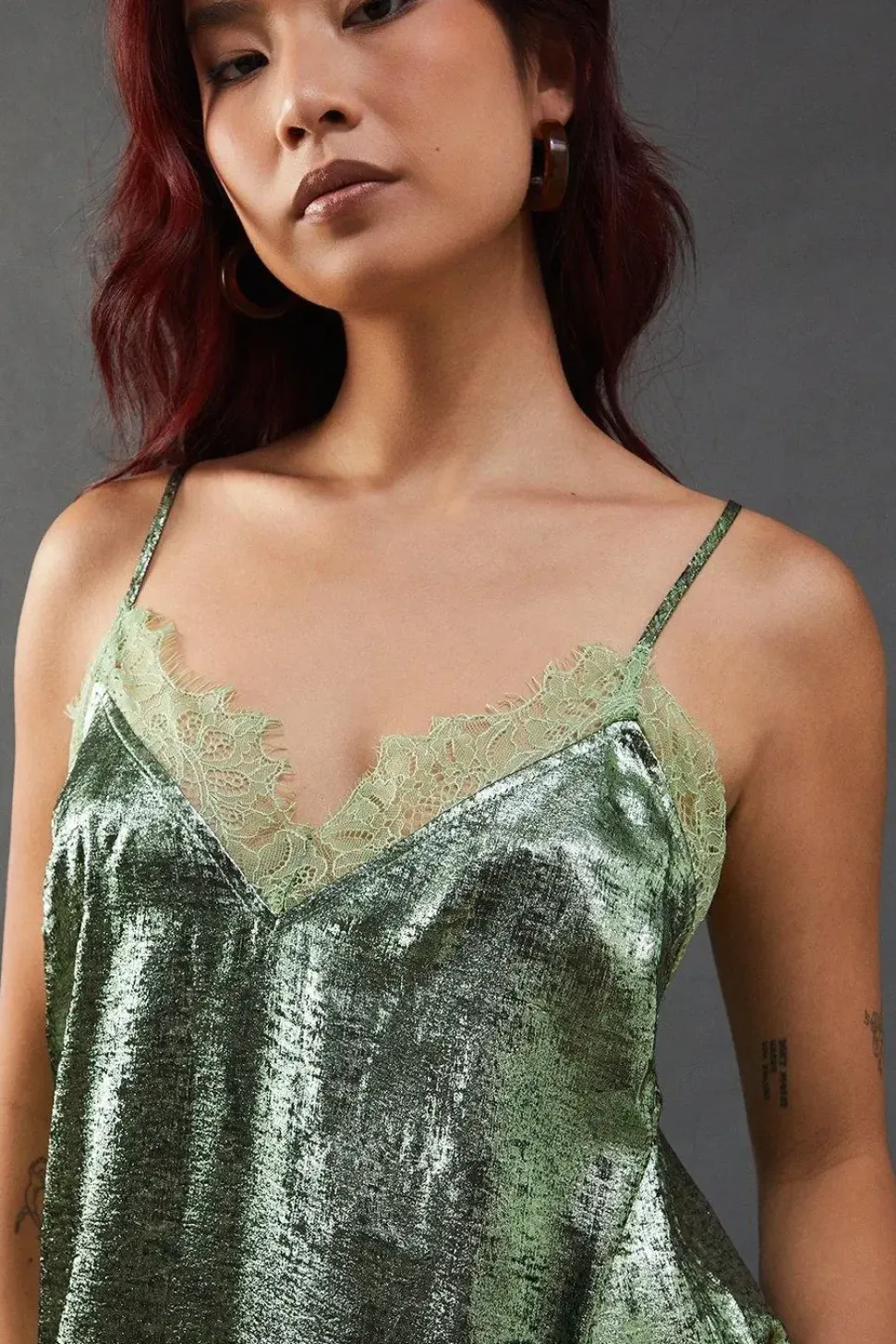 Metallic Lame Strappy Lace Insert Slip Midi Dress
