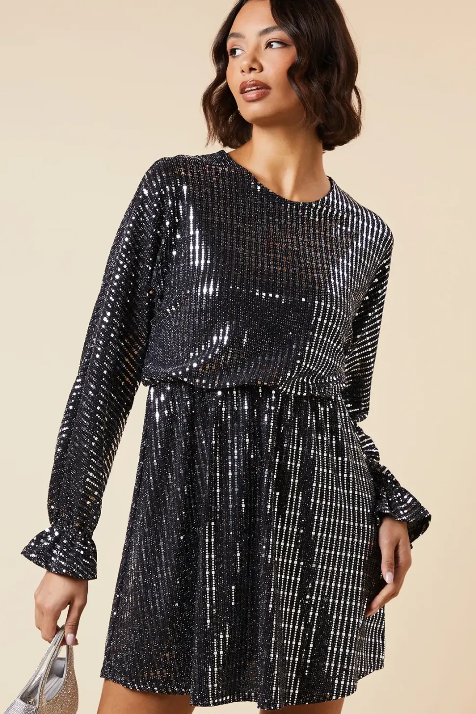 Metallic Long Sleeve Jersey Mini Dress