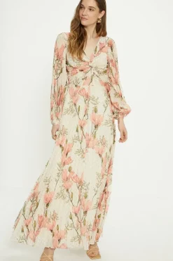Metallic Magnolia Twist Front Pleated Midi Dress
