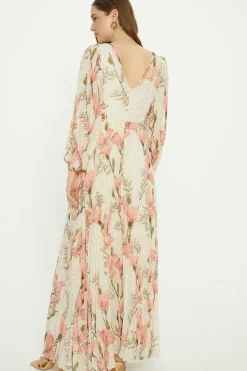 Metallic Magnolia Twist Front Pleated Midi Dress