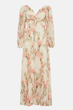 Metallic Magnolia Twist Front Pleated Midi Dress