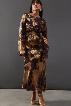 Metallic Marble Twist Front Bias Midi Dress