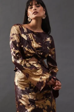 Metallic Marble Twist Front Bias Midi Dress