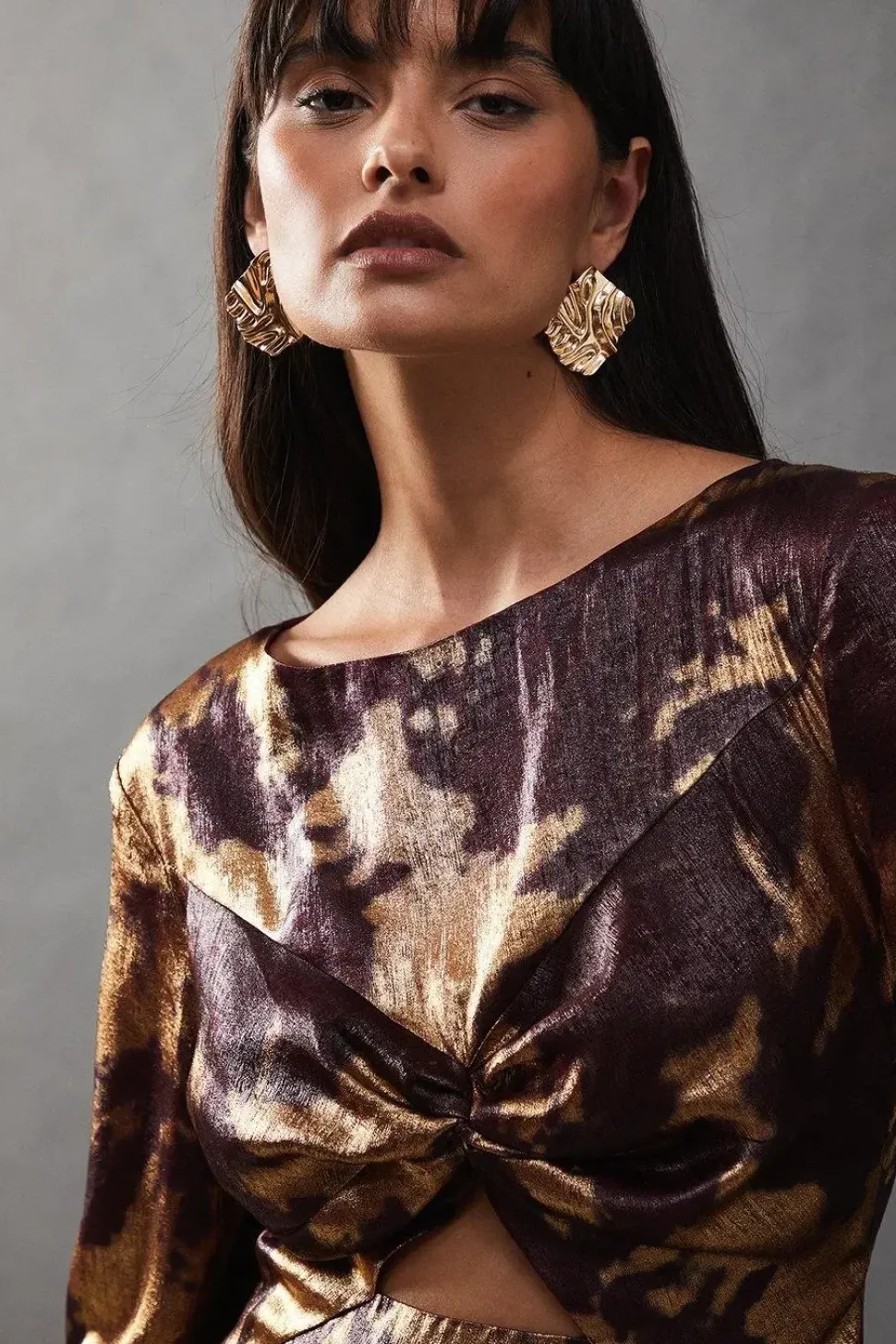 Metallic Marble Twist Front Bias Midi Dress