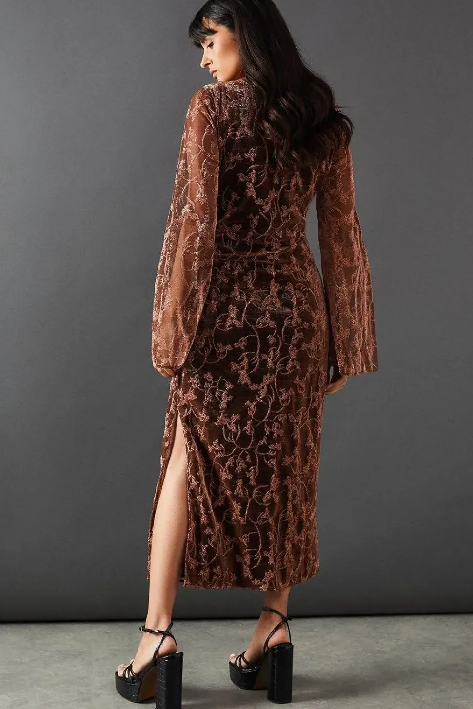 Metallic Mesh Ruched Side Midi Dress