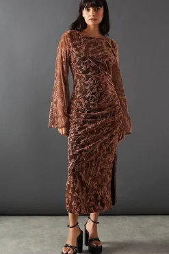 Metallic Mesh Ruched Side Midi Dress
