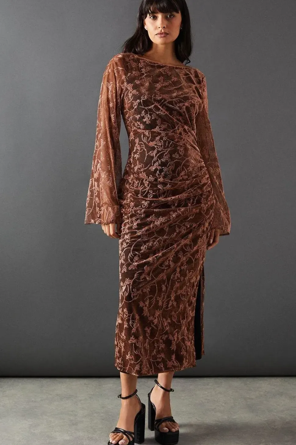 Metallic Mesh Ruched Side Midi Dress