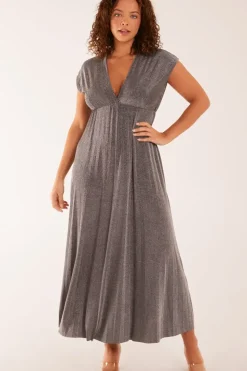 Metallic Pleated Double V Neck Dress