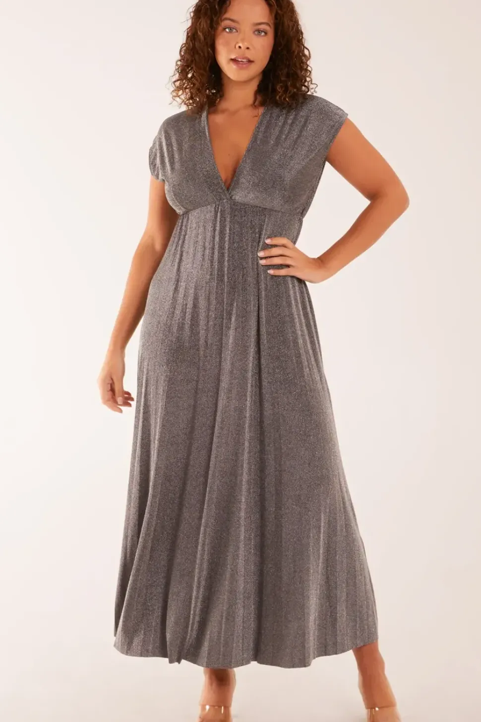 Metallic Pleated Double V Neck Dress