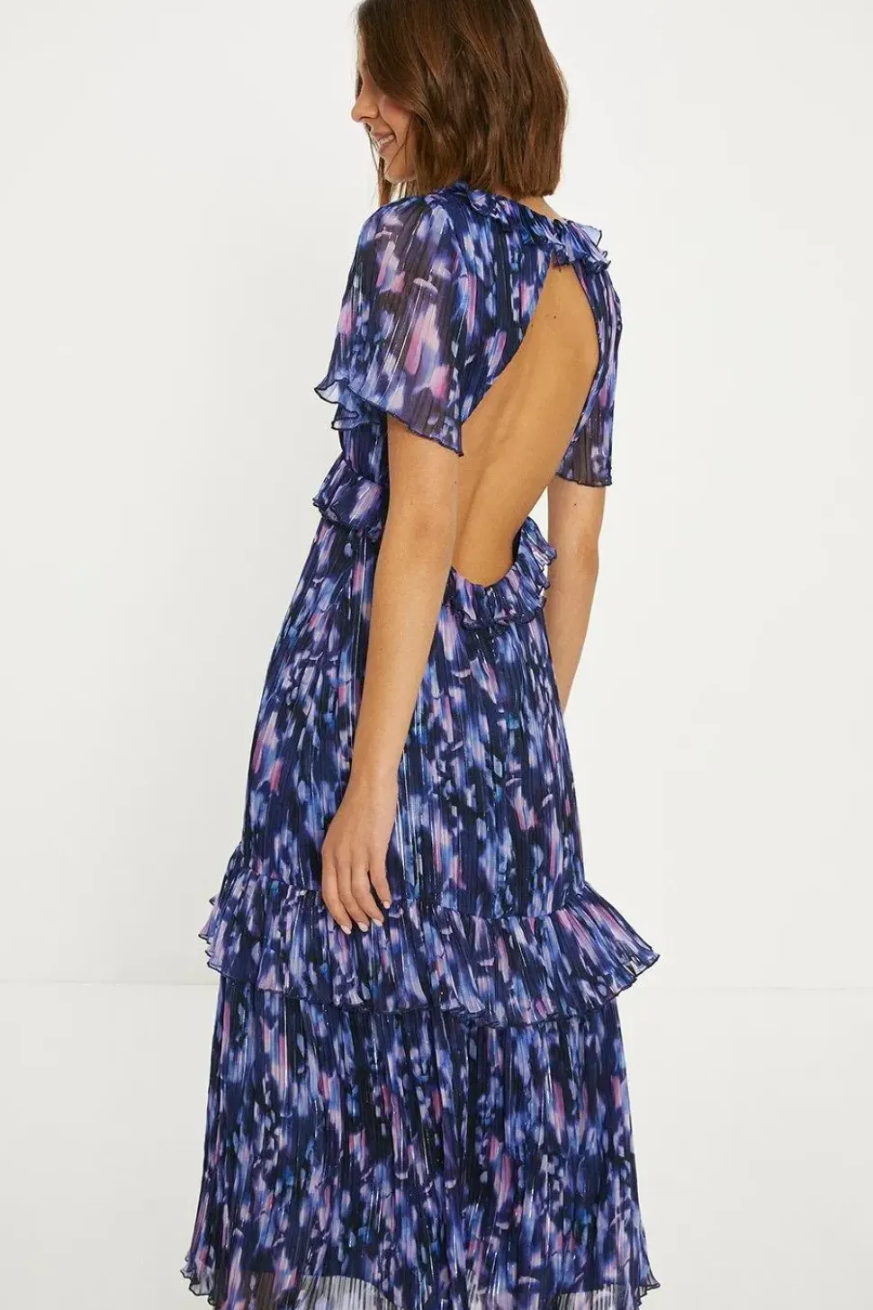 Metallic Pleated Ruffle Printed Midi Dress