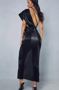Metallic Plisse Asymmetric Twist One Shoulder Maxi Dress