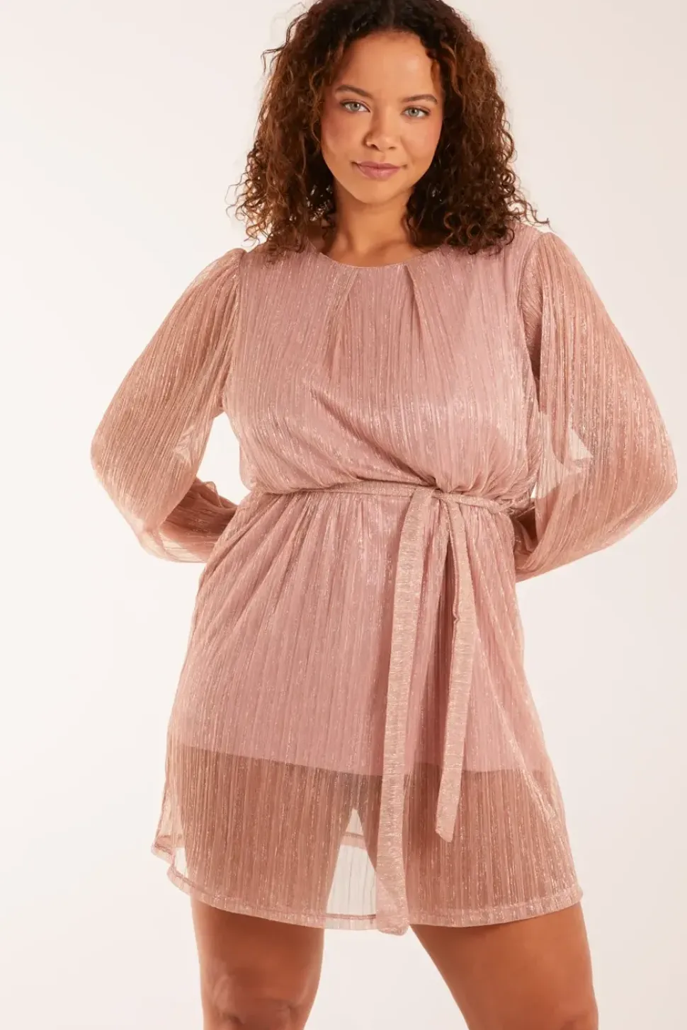 Metallic Plisse Belted Dress