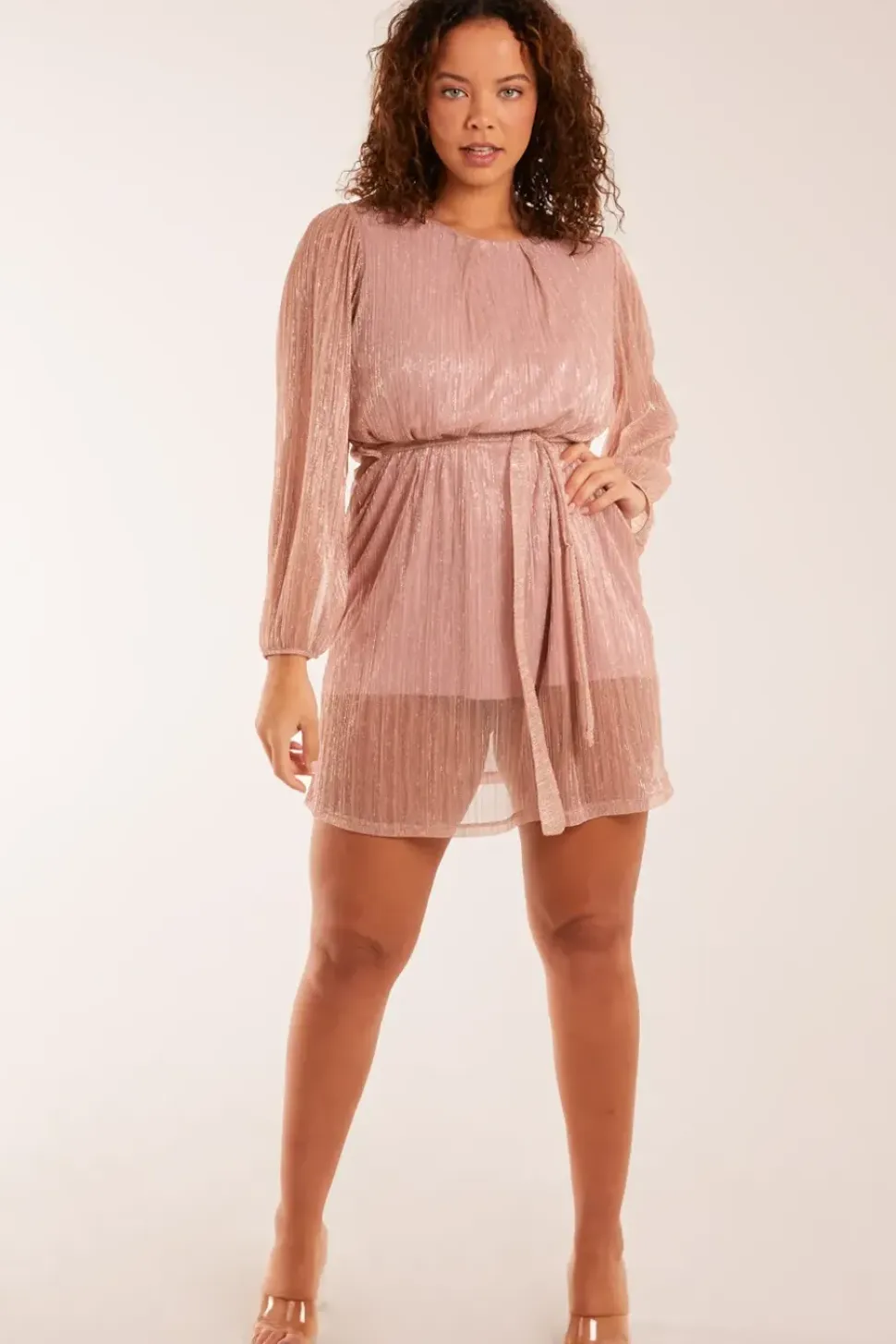 Metallic Plisse Belted Dress