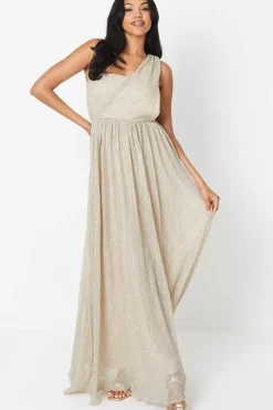 Metallic Plisse Drape Shoulder Maxi Dress