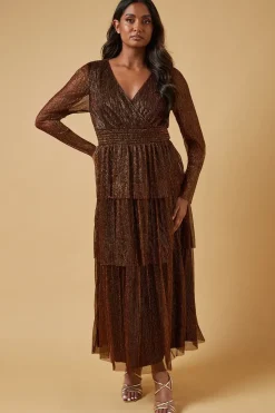 Metallic Plisse Shirred Waist Tiered Maxi Dress