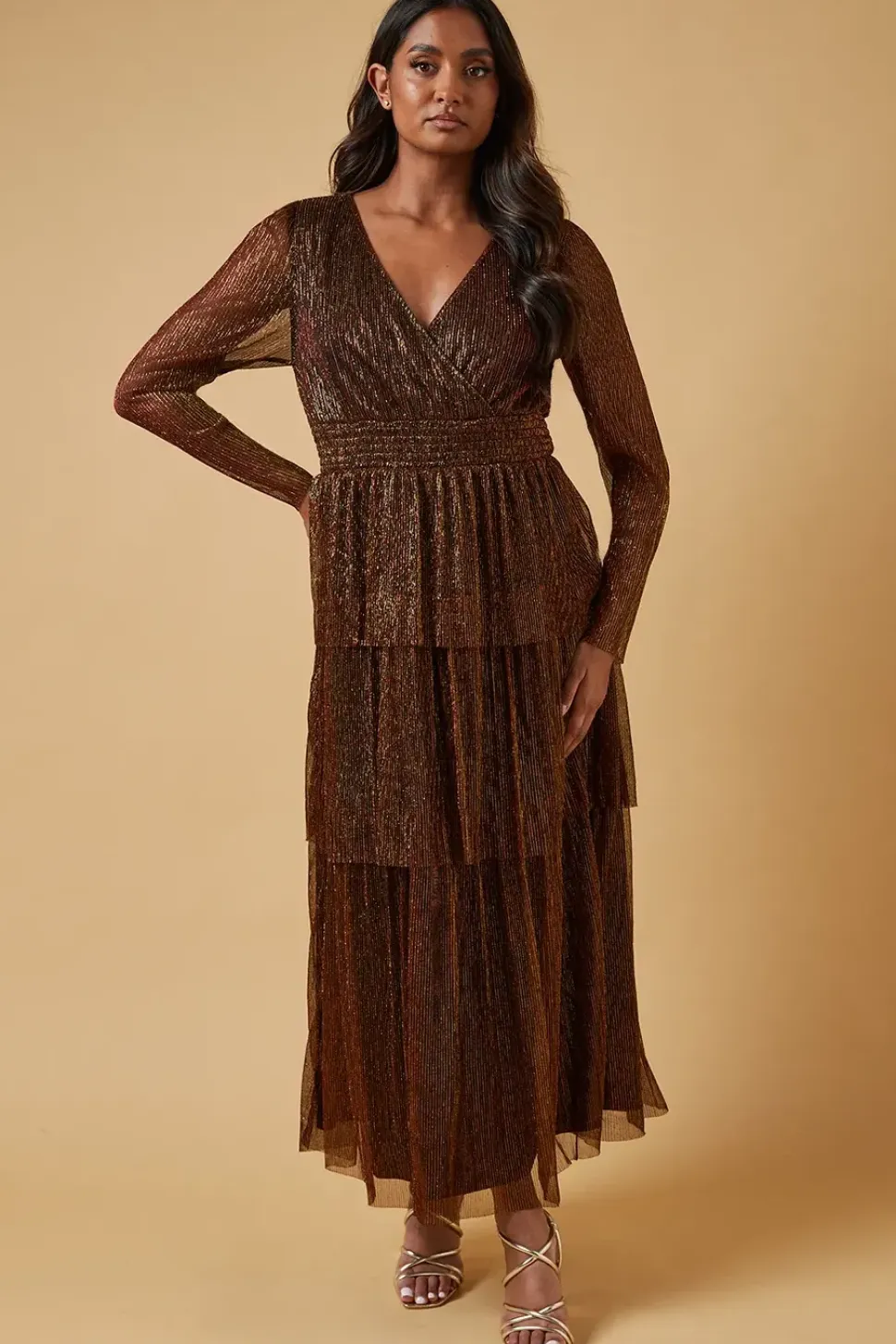 Metallic Plisse Shirred Waist Tiered Maxi Dress