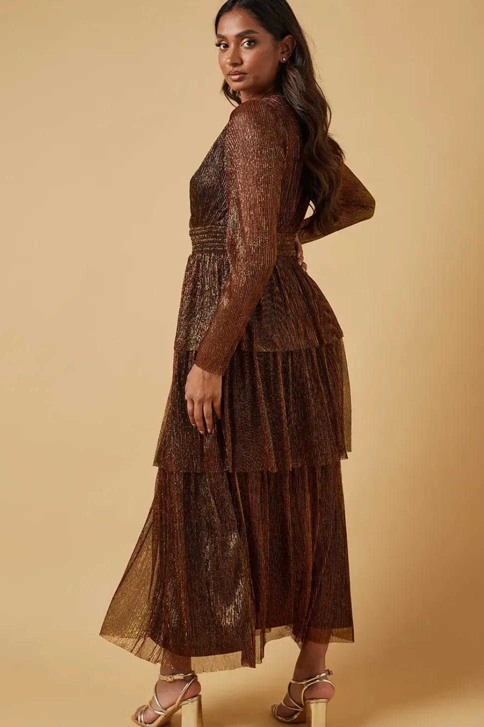 Metallic Plisse Shirred Waist Tiered Maxi Dress