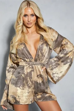 Metallic Print Plunge Flute Sleeve Playsuit