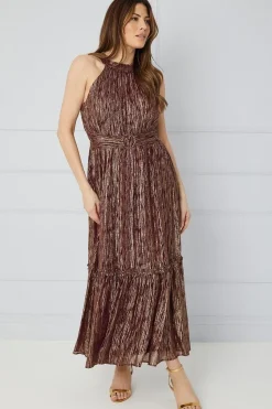 Metallic Ruffle Halterneck Midaxi Dress