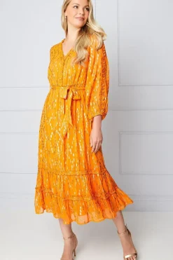 Metallic Ruffle Tiered Midi Dress