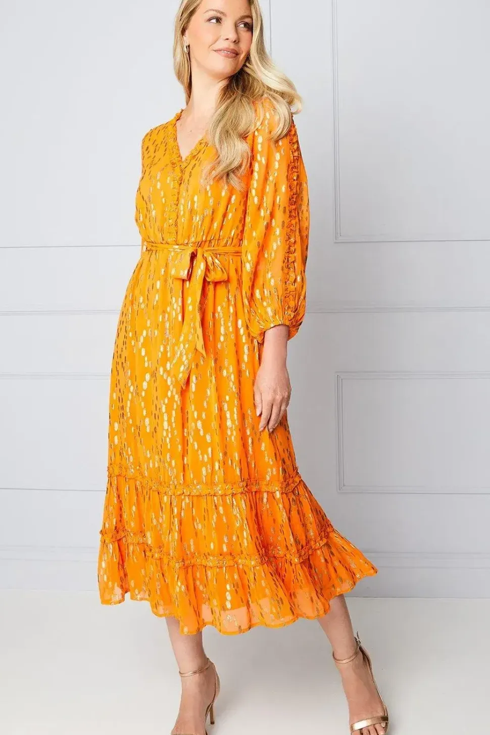 Metallic Ruffle Tiered Midi Dress