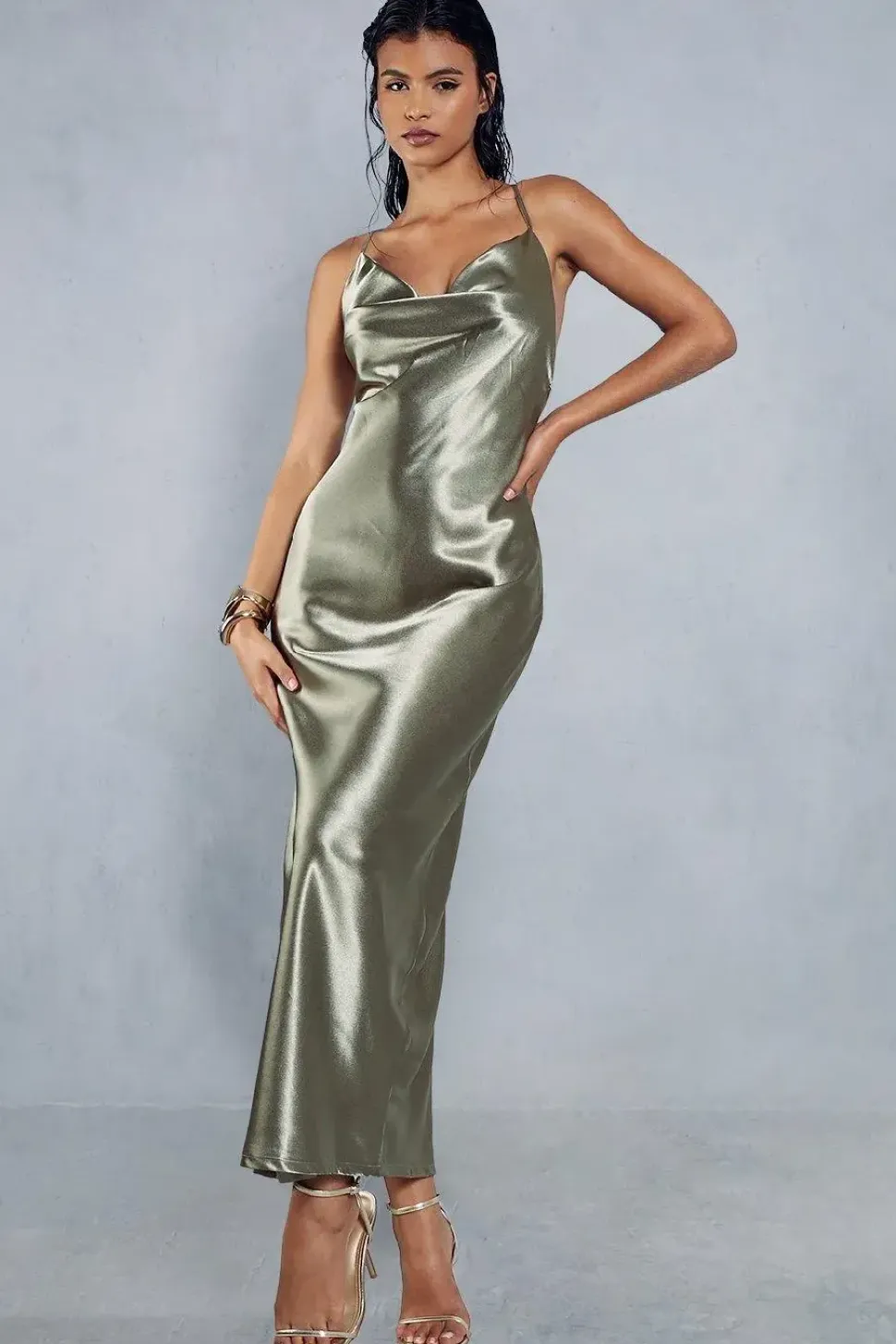 Metallic Satin Cowl Neck Neck Split Leg Maxi Dress