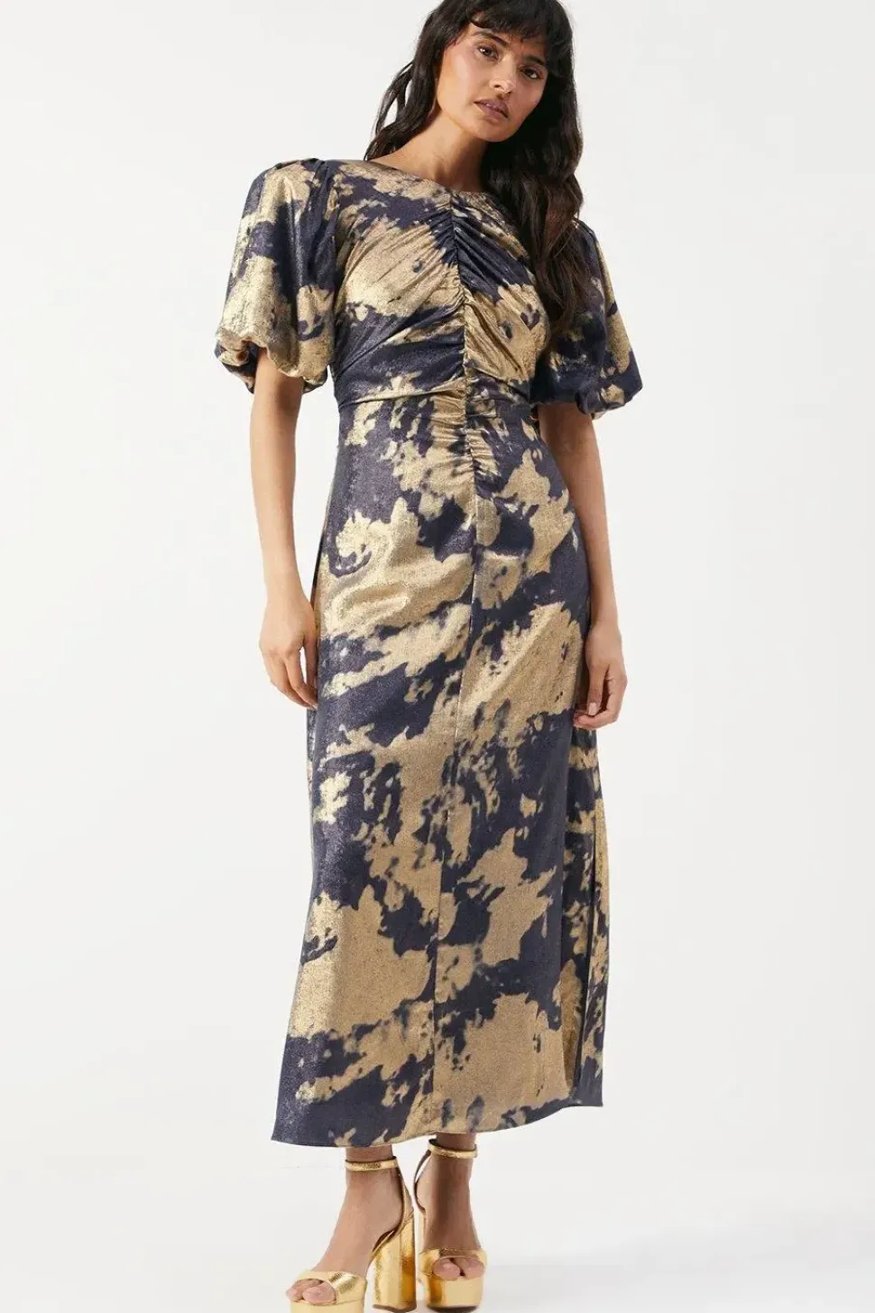 Metallic Satin Ruched Front Puff Sleeve Midi Dress