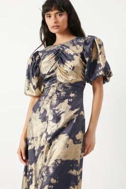Metallic Satin Ruched Front Puff Sleeve Midi Dress