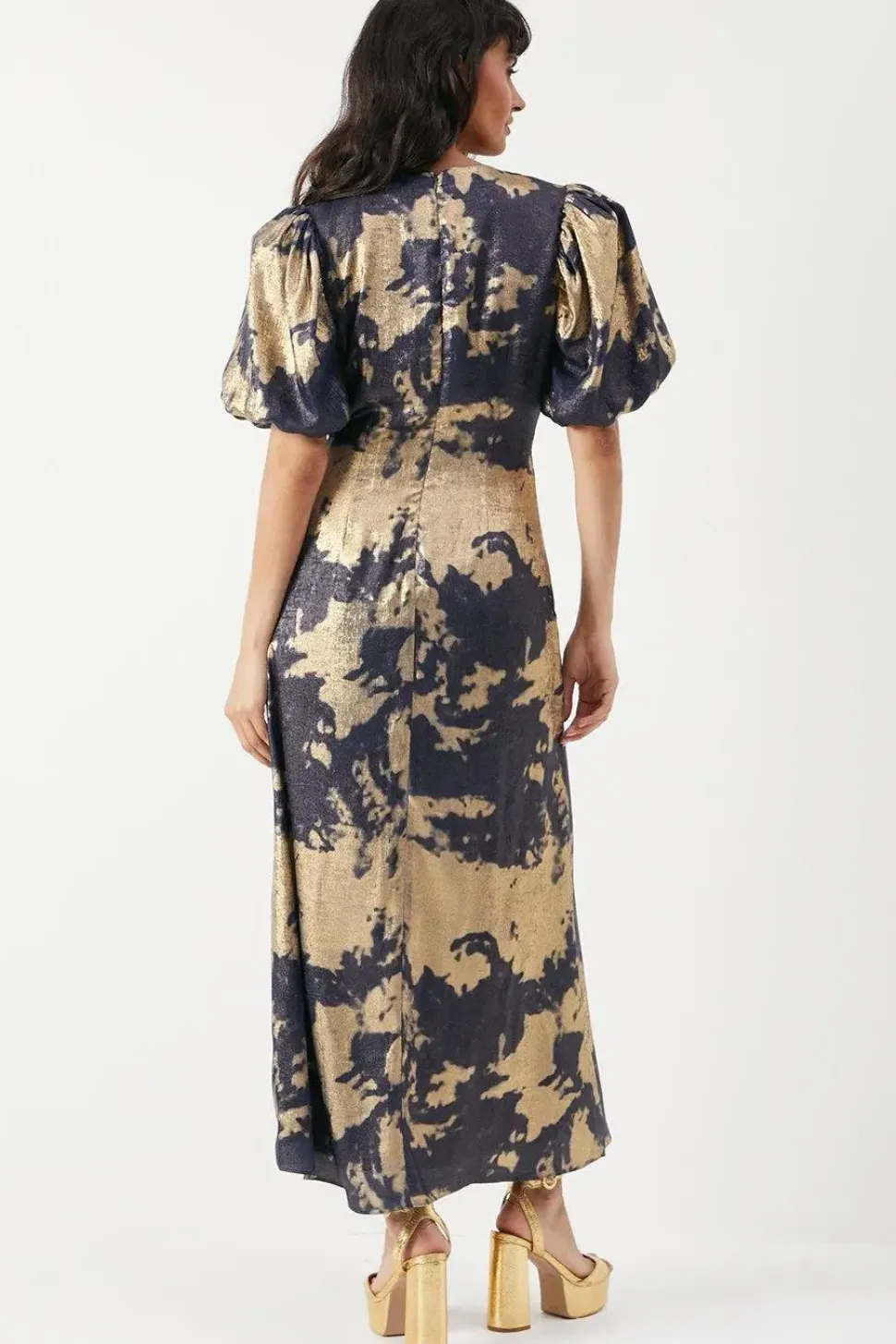 Metallic Satin Ruched Front Puff Sleeve Midi Dress